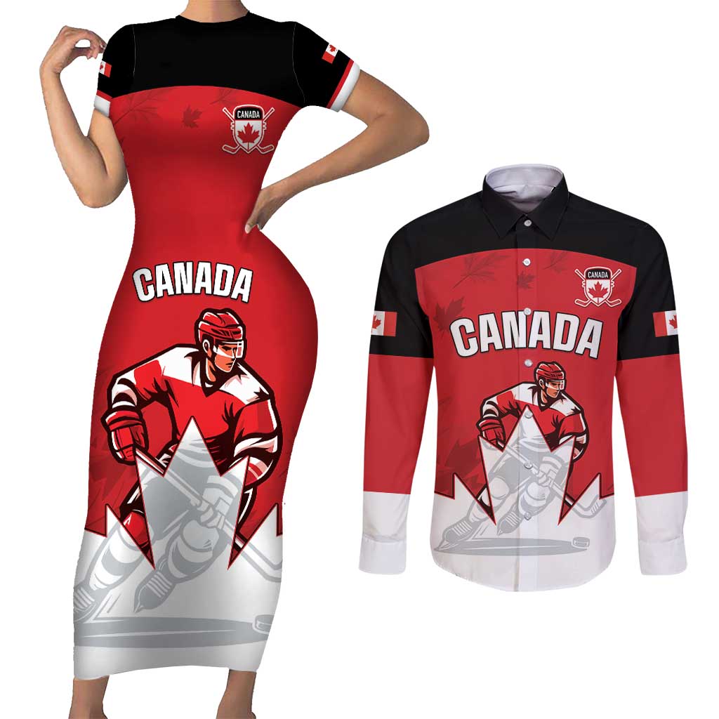 Custom Canada Hockey Couples Matching Short Sleeve Bodycon Dress and Long Sleeve Button Shirt Maple Leaves Sporty Style