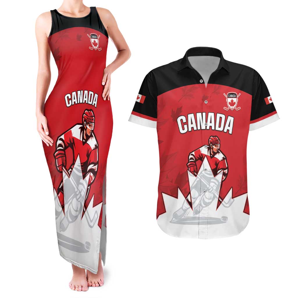 Custom Canada Hockey Couples Matching Tank Maxi Dress and Hawaiian Shirt Maple Leaves Sporty Style