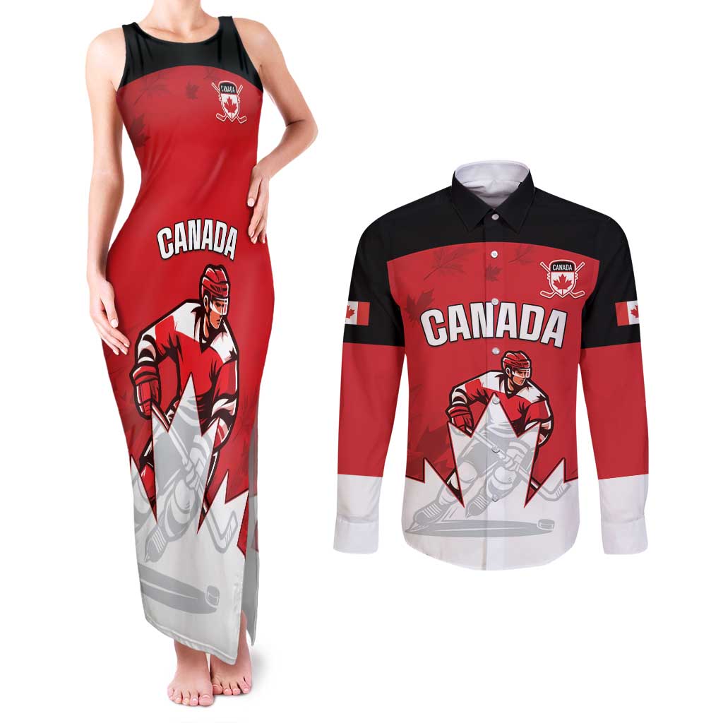 Custom Canada Hockey Couples Matching Tank Maxi Dress and Long Sleeve Button Shirt Maple Leaves Sporty Style