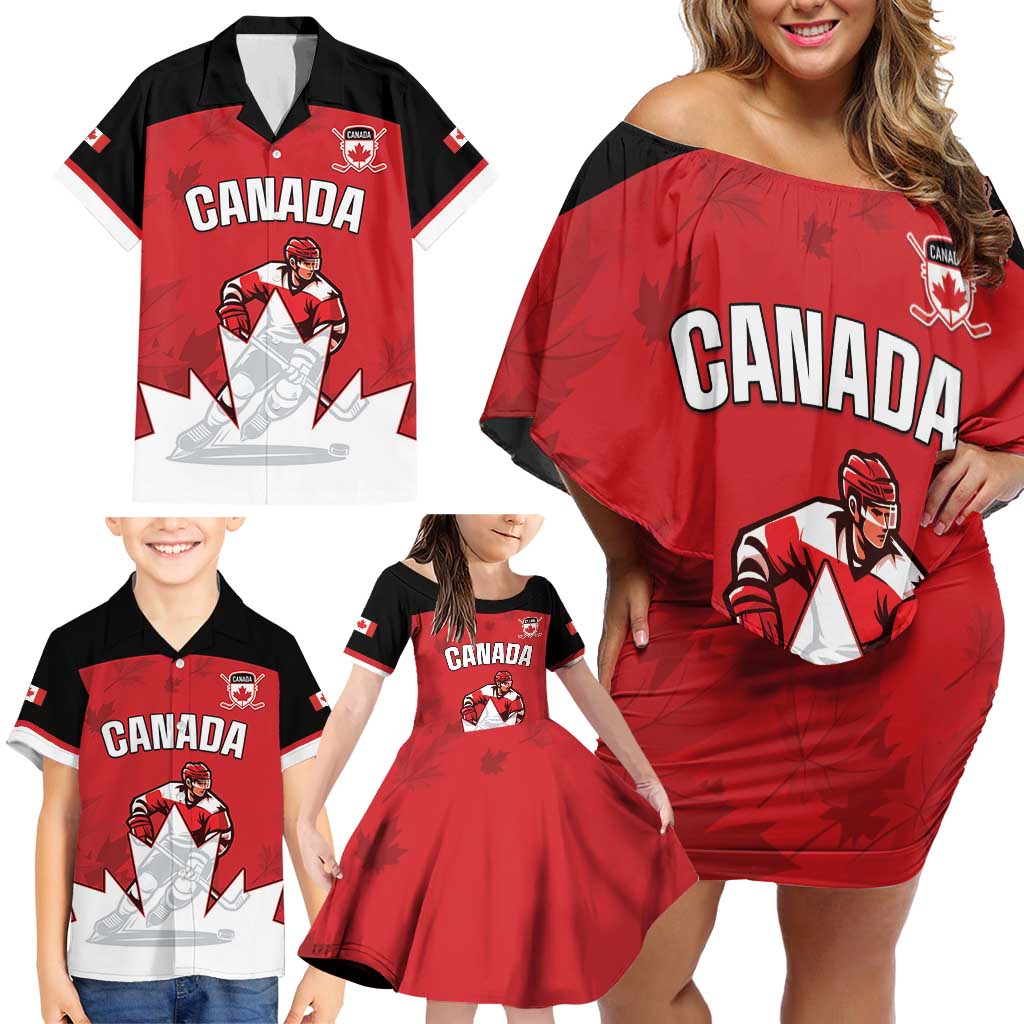 Custom Canada Hockey Family Matching Off Shoulder Short Dress and Hawaiian Shirt Maple Leaves Sporty Style