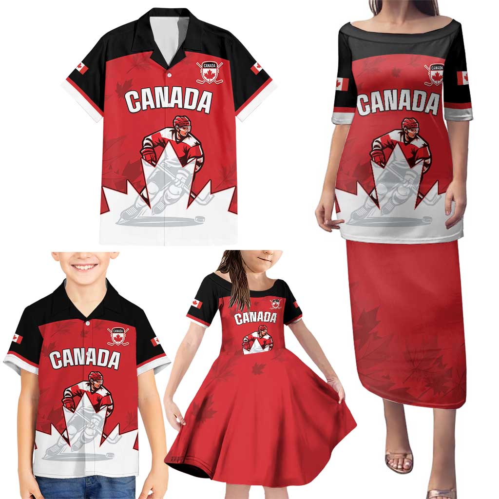 Custom Canada Hockey Family Matching Puletasi and Hawaiian Shirt Maple Leaves Sporty Style