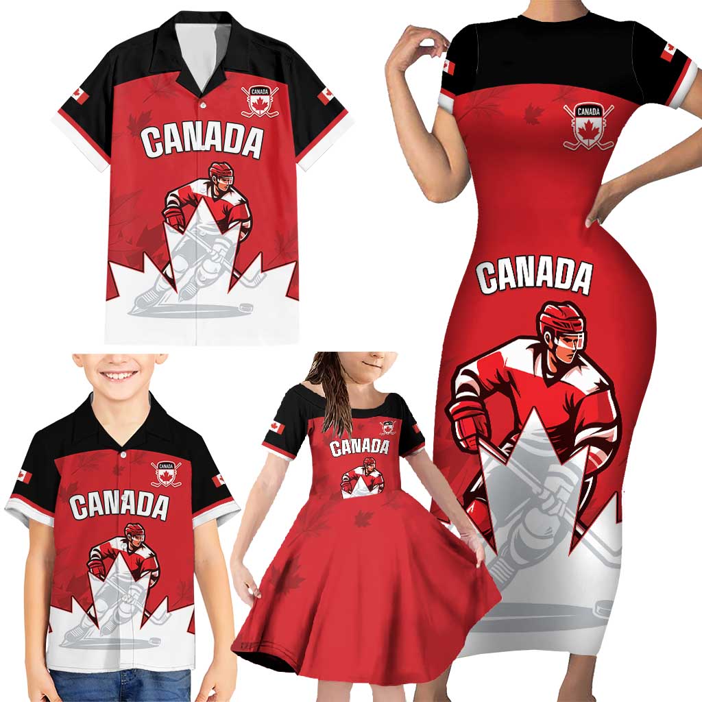 Custom Canada Hockey Family Matching Short Sleeve Bodycon Dress and Hawaiian Shirt Maple Leaves Sporty Style