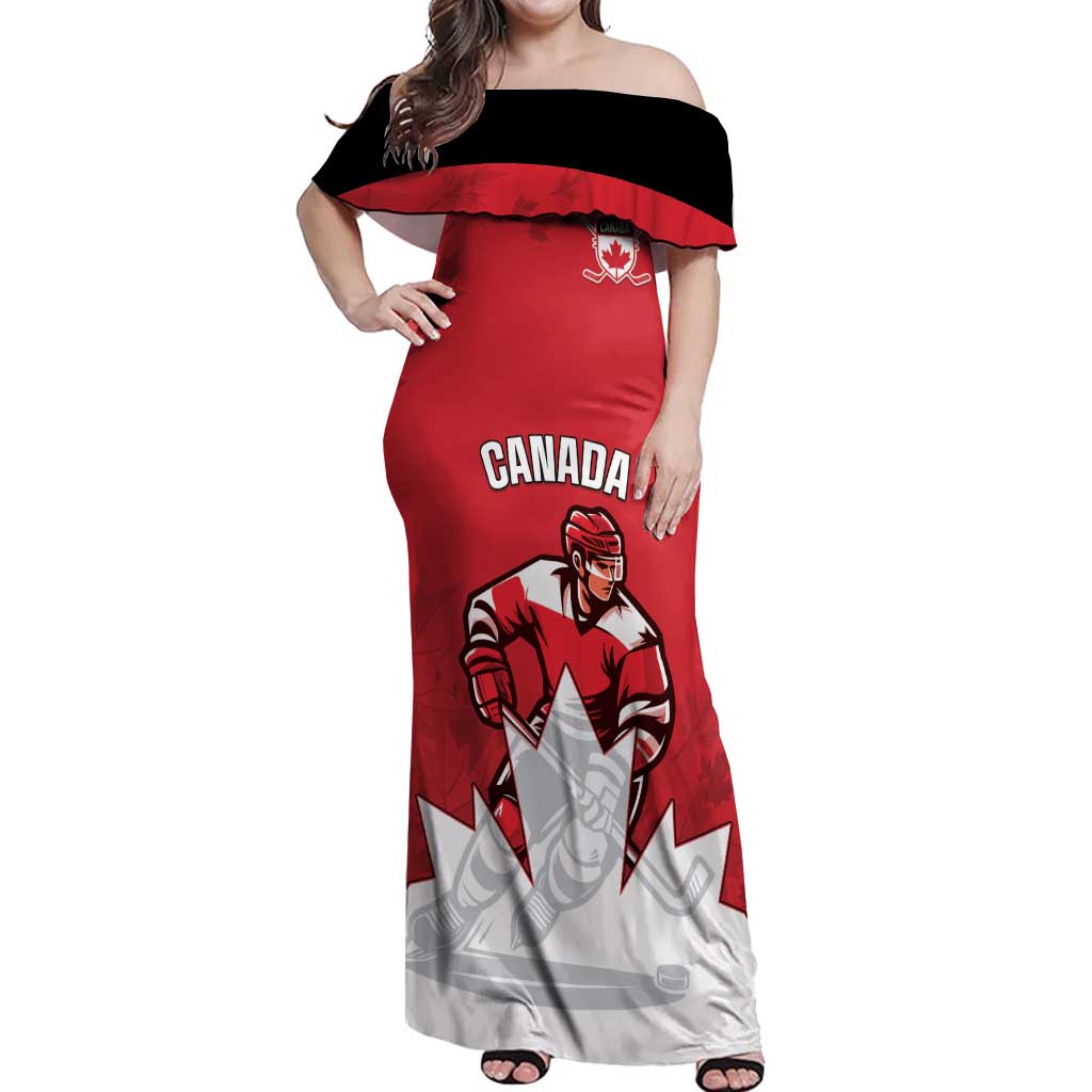 Custom Canada Hockey Off Shoulder Maxi Dress Maple Leaves Sporty Style