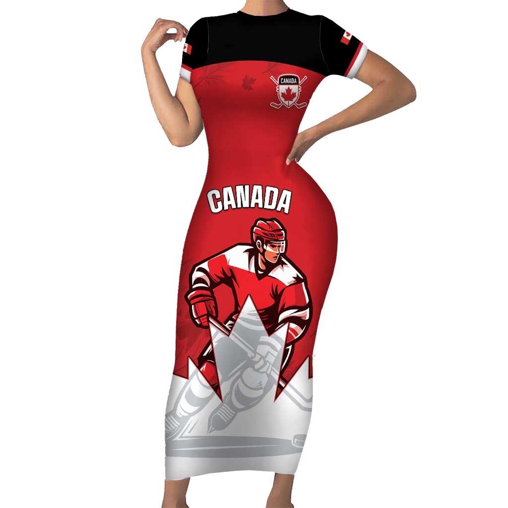 Custom Canada Hockey Short Sleeve Bodycon Dress Maple Leaves Sporty Style