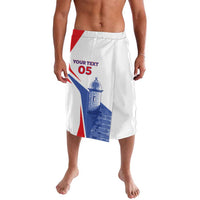 White custom lavalava with red and blue front graphic and '05' print, elastic waistband
