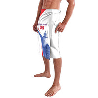 White custom lavalava with red and blue side panel graphic and 'Your text 05' design