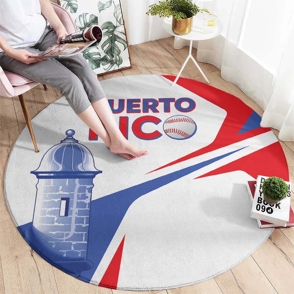 Round carpet showing Puerto Rico flag, El Morro lighthouse and baseball graphic in red, blue, white.