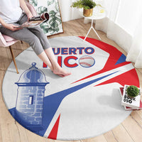 Round carpet showing Puerto Rico flag, El Morro lighthouse and baseball graphic in red, blue, white.