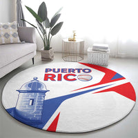 Round carpet with Puerto Rico flag, El Morro lighthouse and baseball motif in red, blue, white.