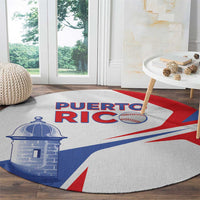 Round carpet with Puerto Rico flag graphic, El Morro lighthouse and baseball motif in red, blue, white.