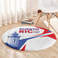 Round Puerto Rico flag carpet with El Morro lighthouse and baseball motif in red, blue, white.