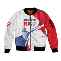 Unisex white and red zip-front bomber jacket with Puerto Rico graphic, ribbed cuffs