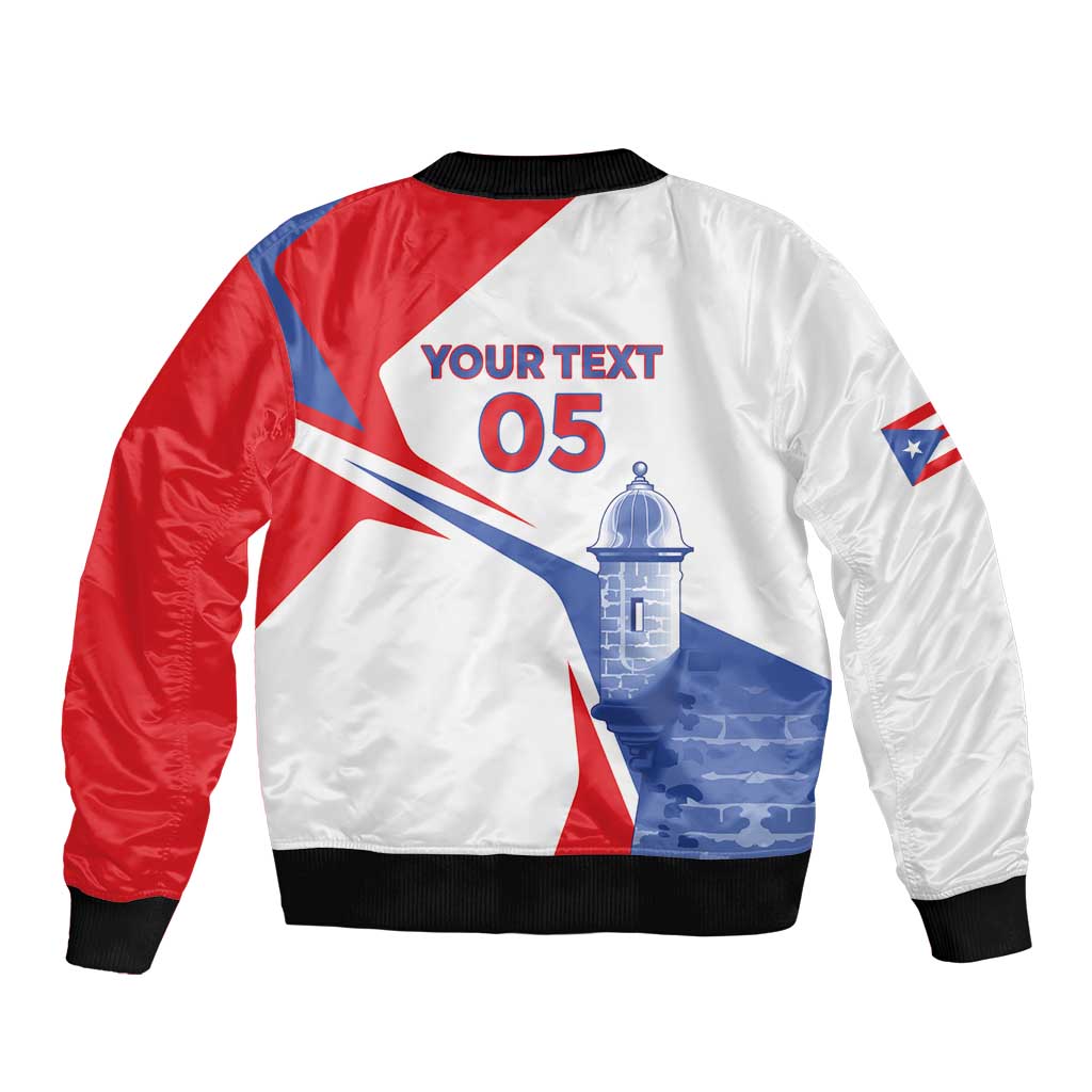 Unisex white and red zip-front bomber jacket with Your Text 05 print, ribbed hem