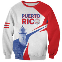 Unisex baseball-style sweatshirt, red and white, front graphic with Puerto Rico text