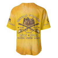 Yellow baseball jersey back with Buffalo Soldiers crest and rifles text