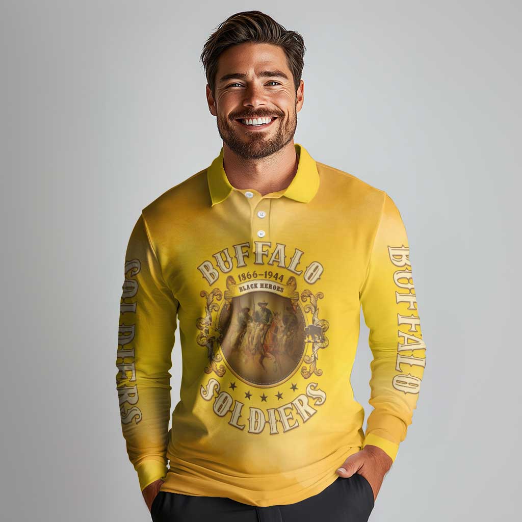 Honor Buffalo Soldiers Long Sleeve Polo Shirt African American Cavalry Yellow Version - Wonder Print Shop