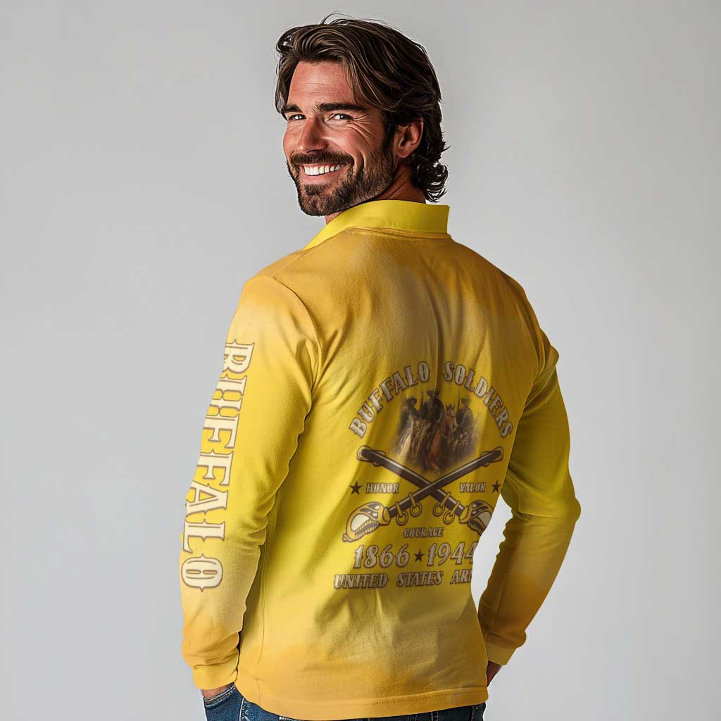 Honor Buffalo Soldiers Long Sleeve Polo Shirt African American Cavalry Yellow Version - Wonder Print Shop