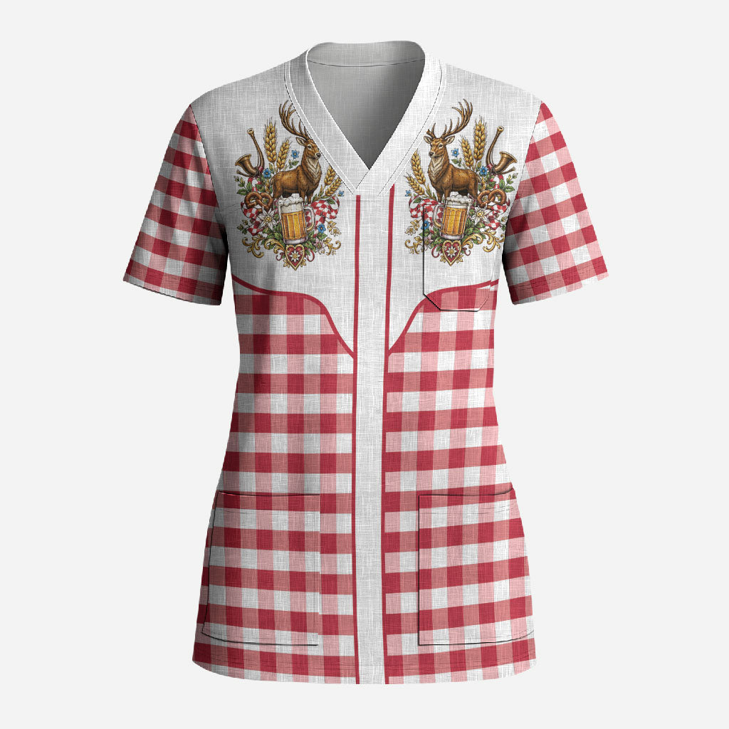 Oktoberfest Scrub Top Country Cowboy Style Red Version