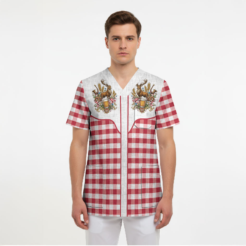 Oktoberfest Scrub Top Country Cowboy Style Red Version