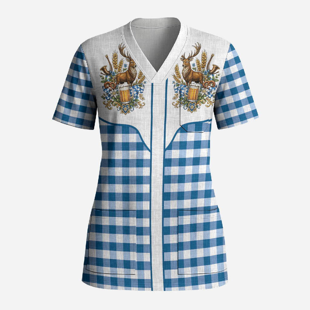 Oktoberfest Scrub Top Country Cowboy Style Blue Version