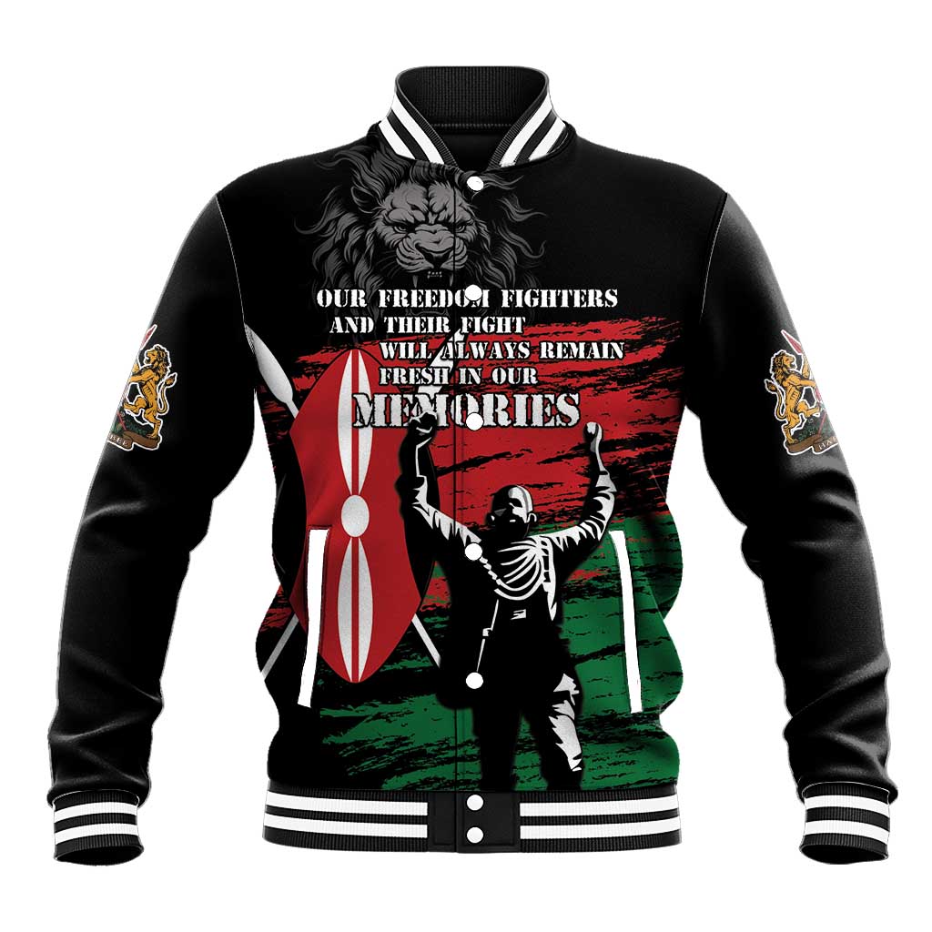 Black unisex baseball jacket with striped rib collar, varsity cuffs, lion hero graphic front