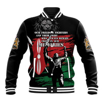 Black unisex baseball jacket with striped rib collar, varsity cuffs, lion hero graphic front