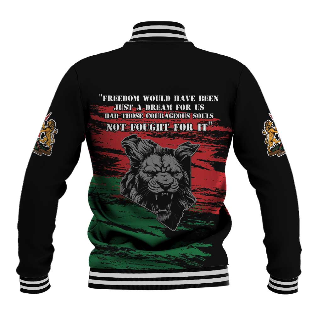 Black unisex baseball jacket with striped rib collar and back lion freedom graphic