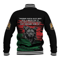 Black unisex baseball jacket with striped rib collar and back lion freedom graphic