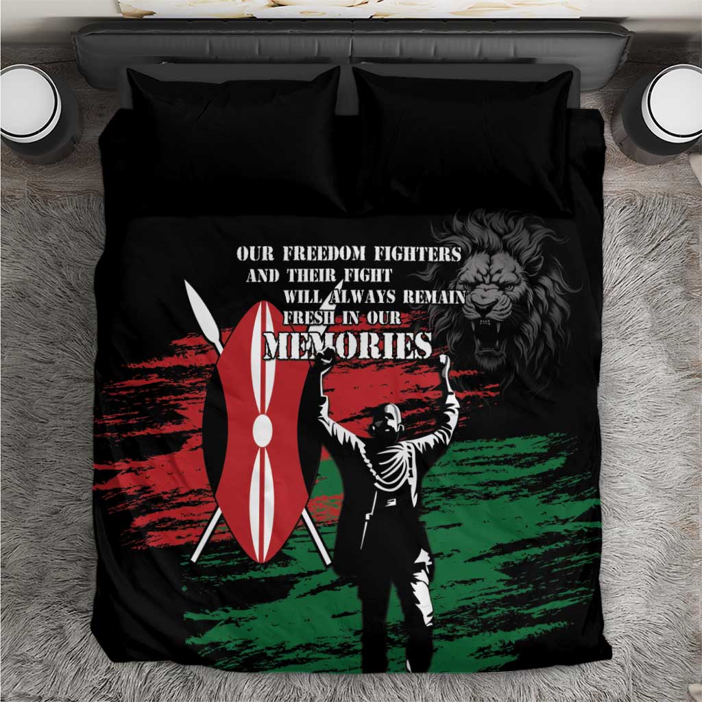 Black bedding set top view: hero silhouette graphic with red-green tricolor and text
