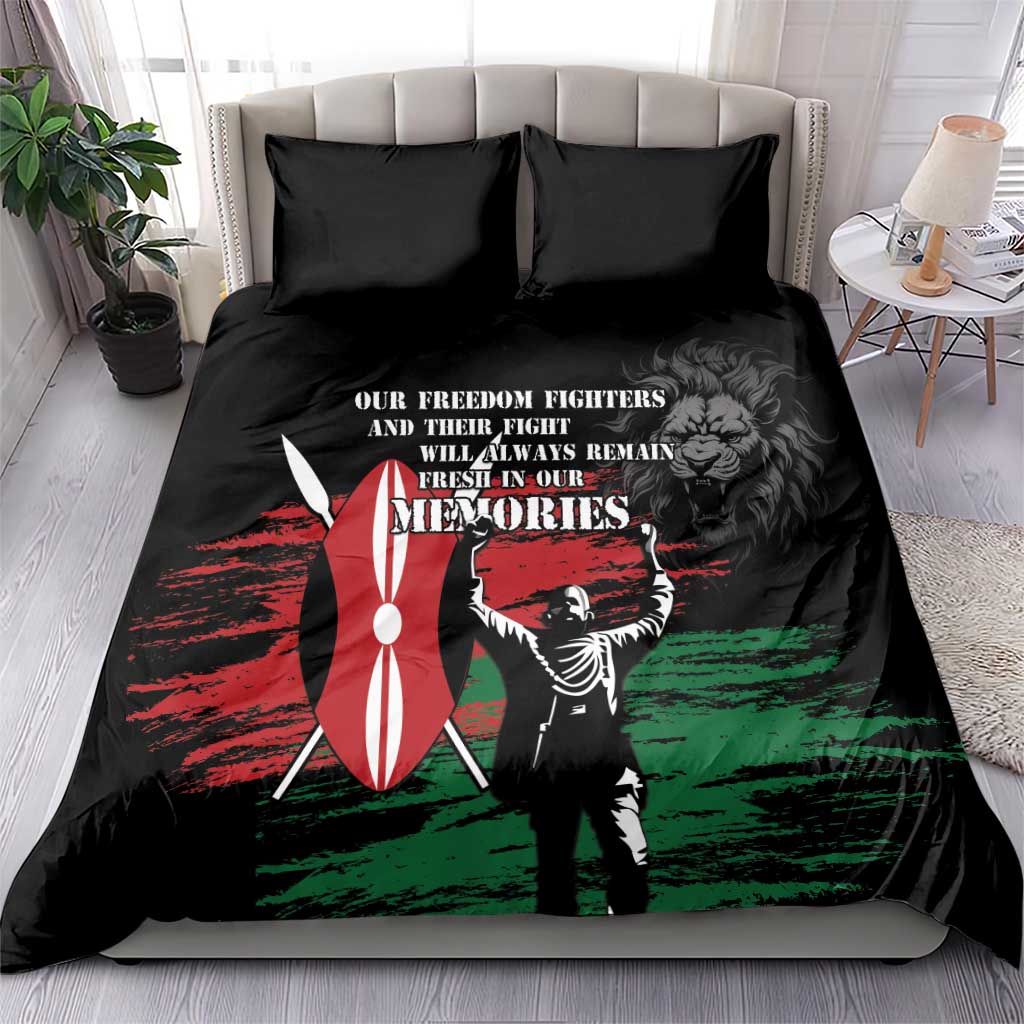 Black bedding set with red and green flag-style hero silhouette graphic on duvet