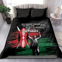 Black bedding set with red and green flag-style hero silhouette graphic on duvet