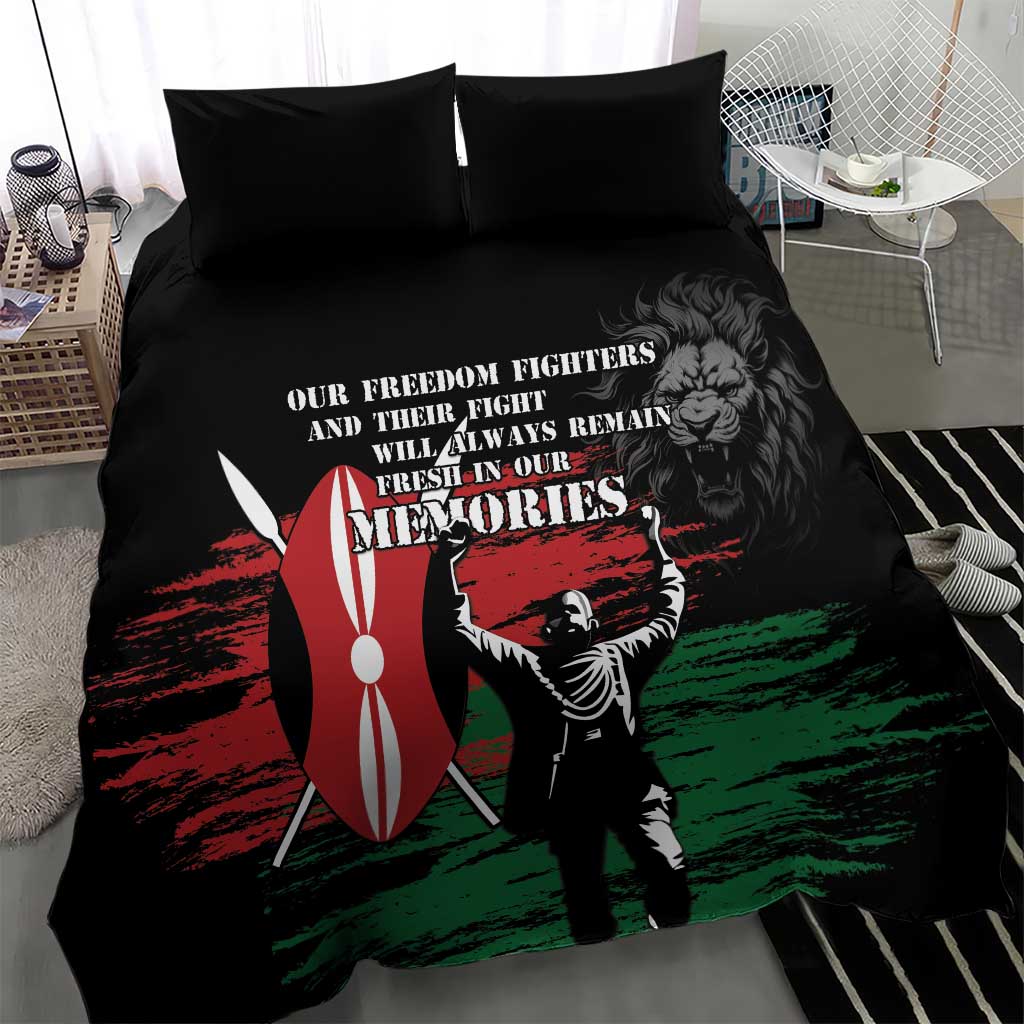 Black duvet cover and pillow shams with hero silhouette and red green tricolor design