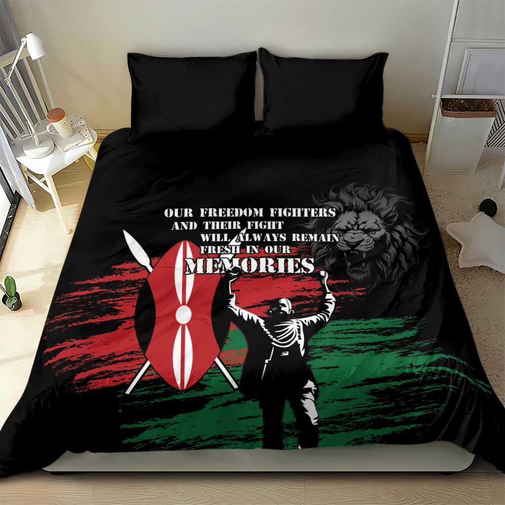 Black bedding set with hero silhouette print, red green stripes, and “memories” text
