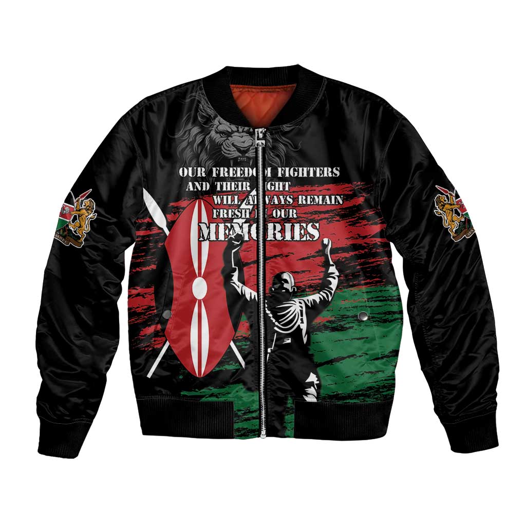 Black bomber jacket with zip front, lion/warrior graphic and red, white, green accents