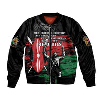 Black bomber jacket with zip front, lion/warrior graphic and red, white, green accents