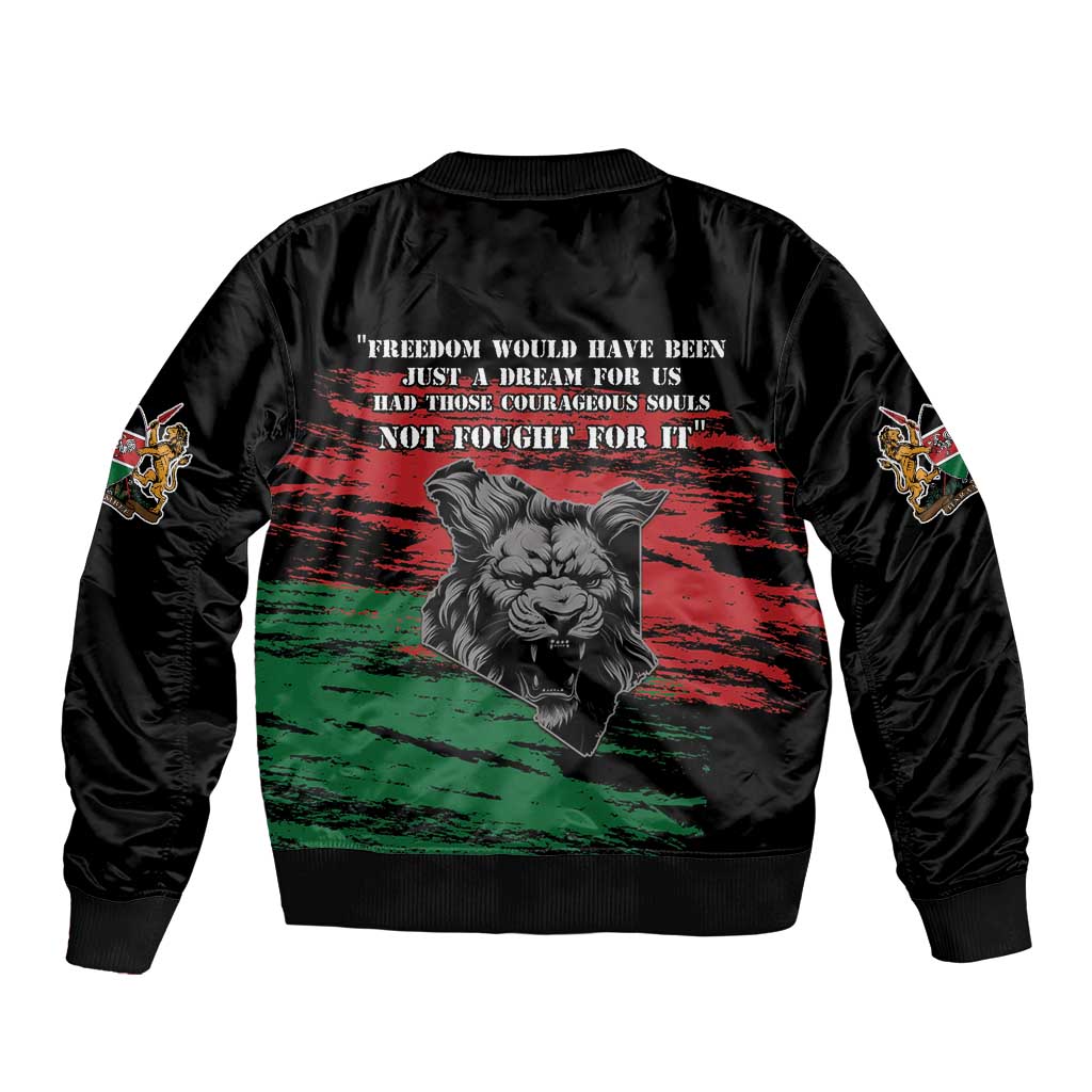 Black bomber jacket with front satiny panel, lion graphic and red/green stripes