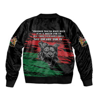 Black bomber jacket with front satiny panel, lion graphic and red/green stripes