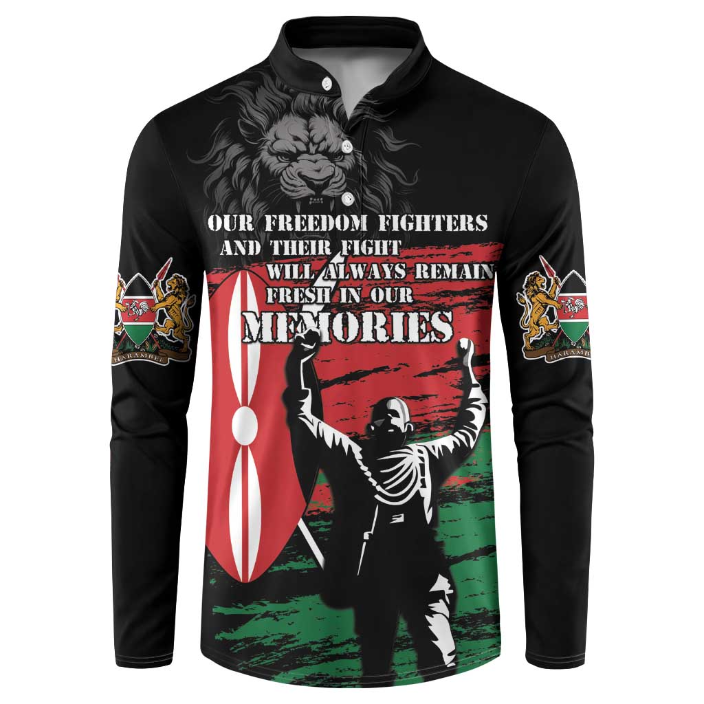 Black button-up sweatshirt with graphic lion portrait and shield sleeve patches.
