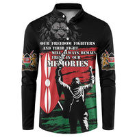 Black button-up sweatshirt with graphic lion portrait and shield sleeve patches.