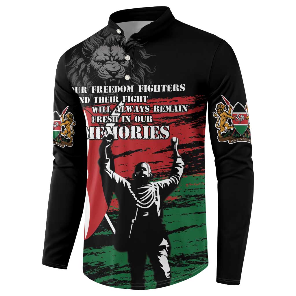 Black long-sleeve button-up sweatshirt with lion graphic and colorful sleeve emblems.