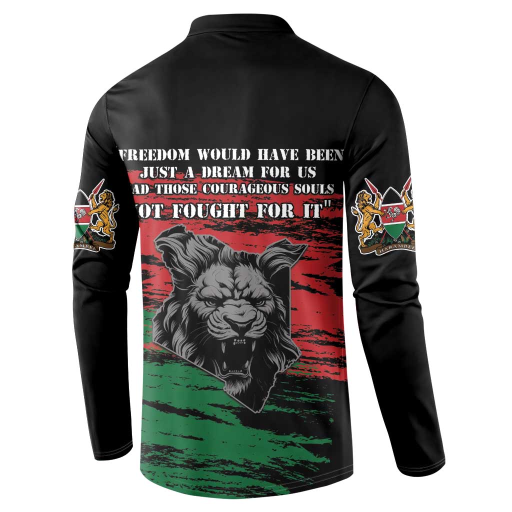 Black button-up sweatshirt with back lion graphic and red, green, and white stripes.
