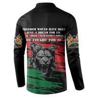 Black button-up sweatshirt with back lion graphic and red, green, and white stripes.