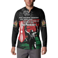 Black button-up sweatshirt worn by a model; front lion graphic and sleeve emblem patches.