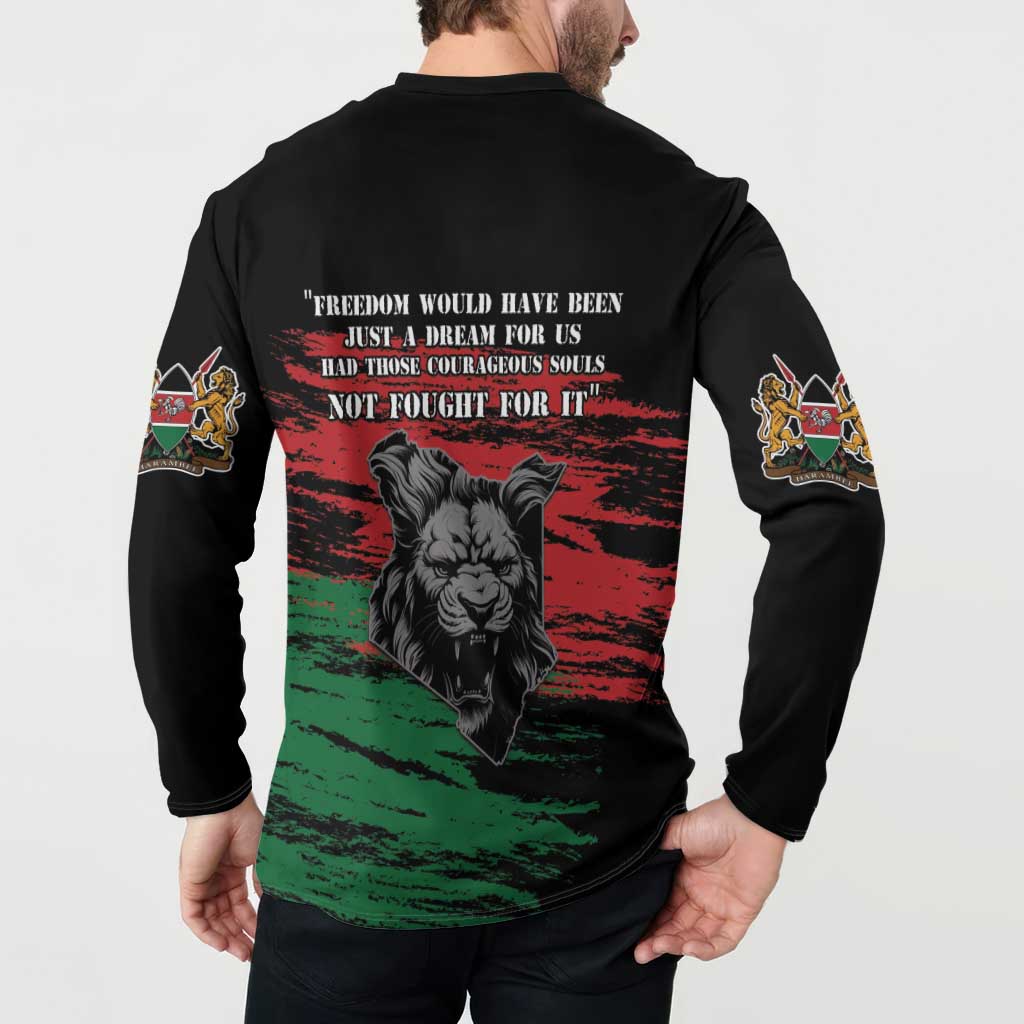 Black button-up sweatshirt with back lion graphic and colorful sleeve emblem patches.
