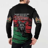 Black button-up sweatshirt with back lion graphic and colorful sleeve emblem patches.