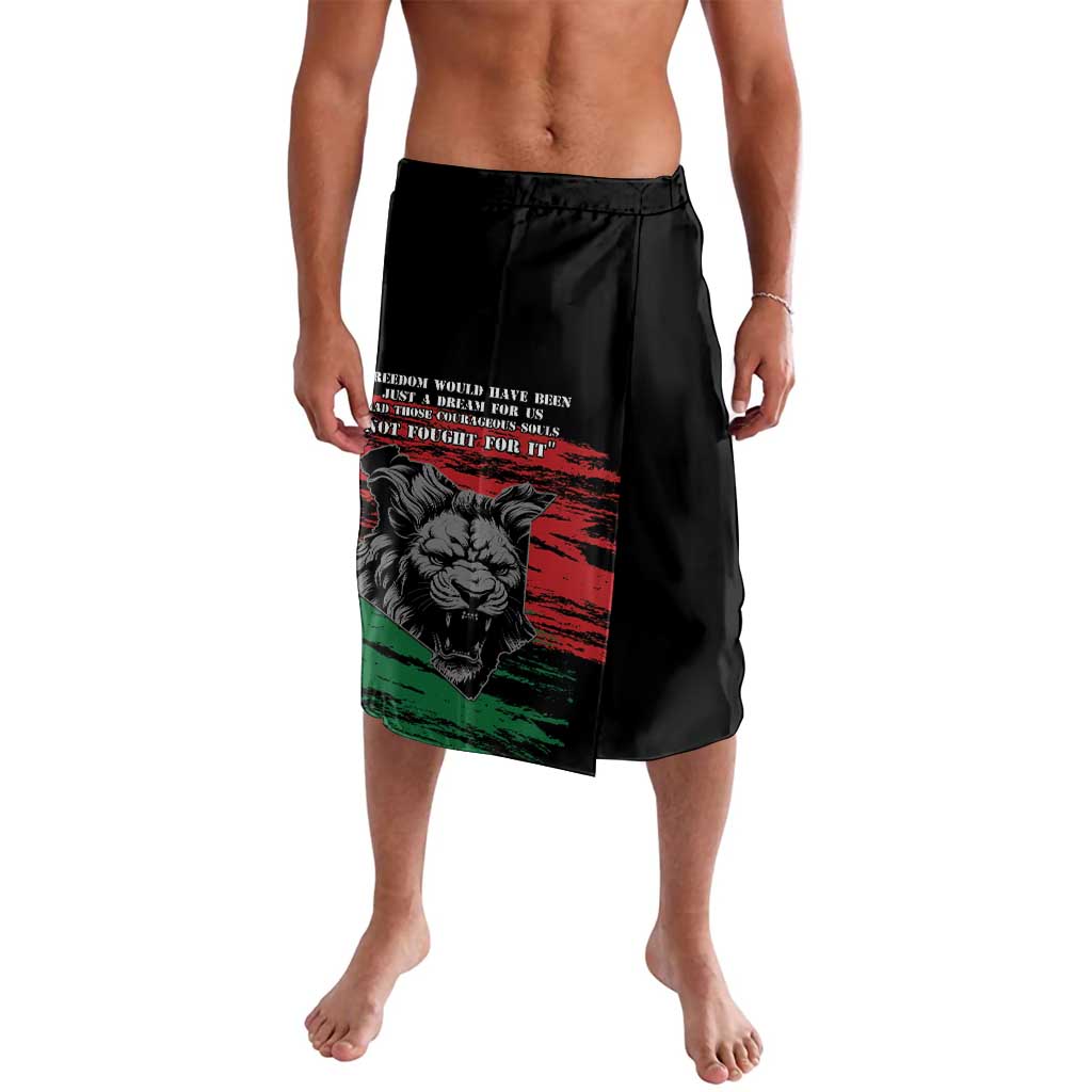 Black lavalava wrap skirt with graphic panel, elastic waistband, knee length