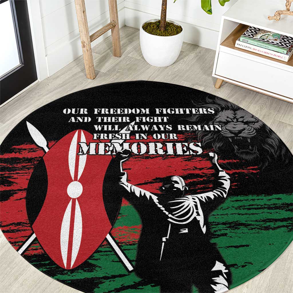 Round black rug close-up with red, green, and white “IN OUR MEMORIES” graphic