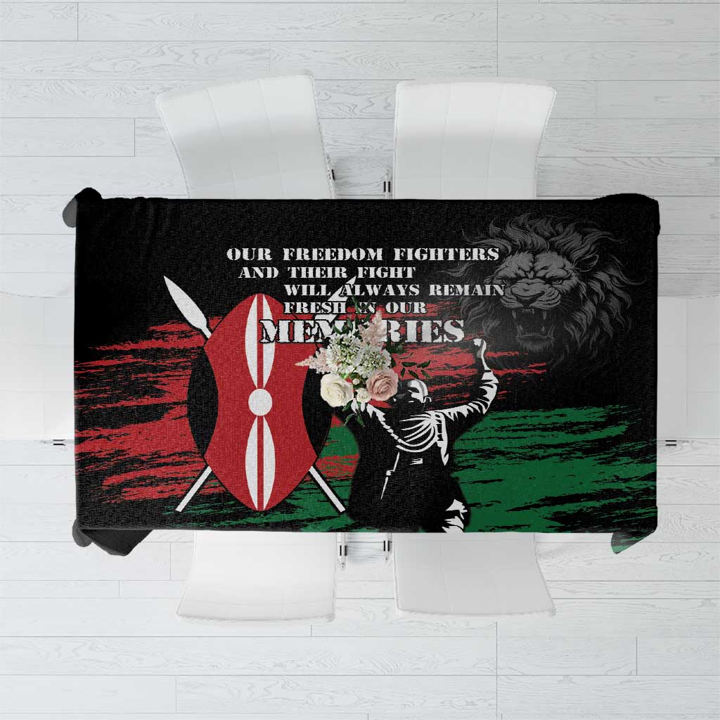 Black tablecloth with red, green, and white hero-themed graphic and lion illustration