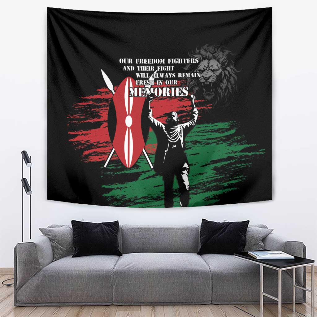 Black tapestry with red and green warrior graphic, lion face, and “MEMORIES” wording.