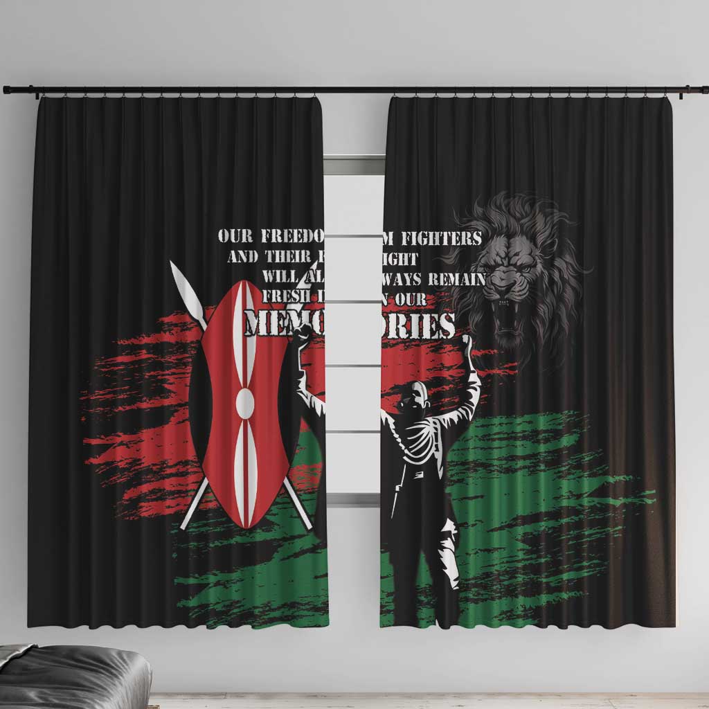 Black window curtain pair with central patriotic flag and warrior graphic, close view